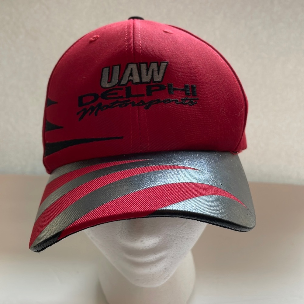 Shark tooth UAW Delphi Motorsports red baseball hat cap #25 NASCAR made USA
